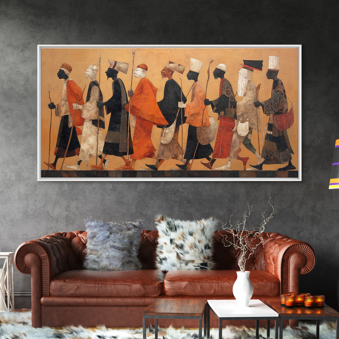 Traditional African Warriors Procession Wall Art, Tribal Culture Art Print, Earth Tone Safari Decor For Home Office Gallery