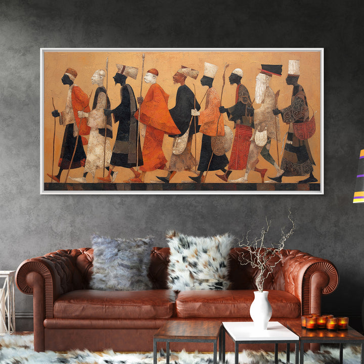 Traditional African Warriors Procession Wall Art, Tribal Culture Art Print, Earth Tone Safari Decor For Home Office Gallery