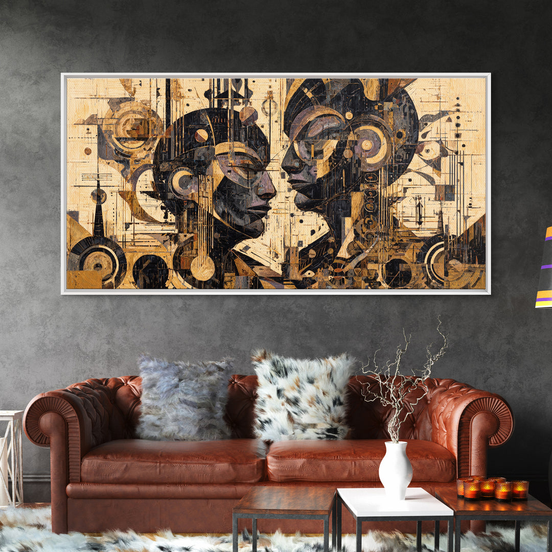 Geometric African Couple Profiles Framed Canvas Print, Abstract Afrocentric Wall Art, Gold Black Modern Cubism Decor Gift