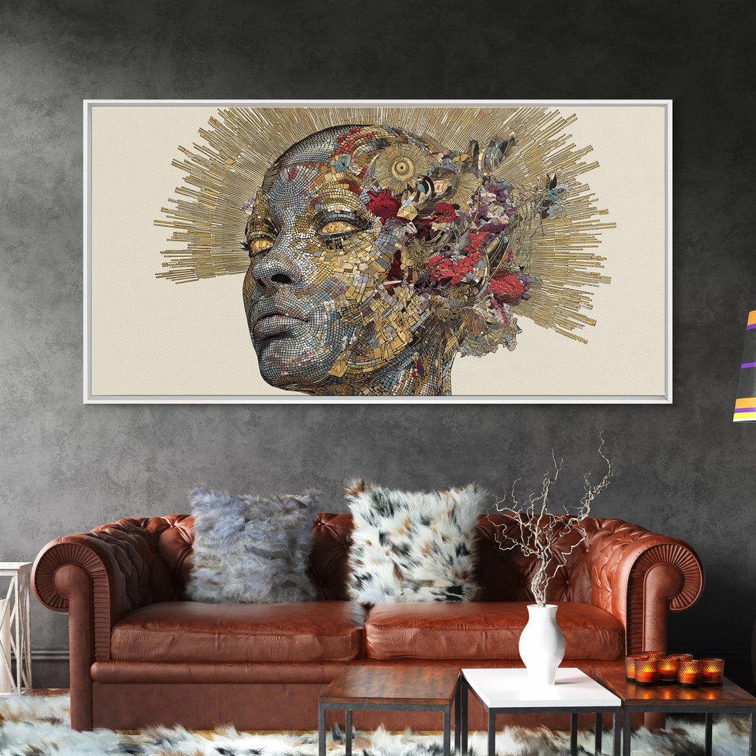 Black Woman Golden Halo Portrait Canvas Print, Mosaic Floral African Beauty Wall Art, Elegant Feminine Home Decor Gift Print
