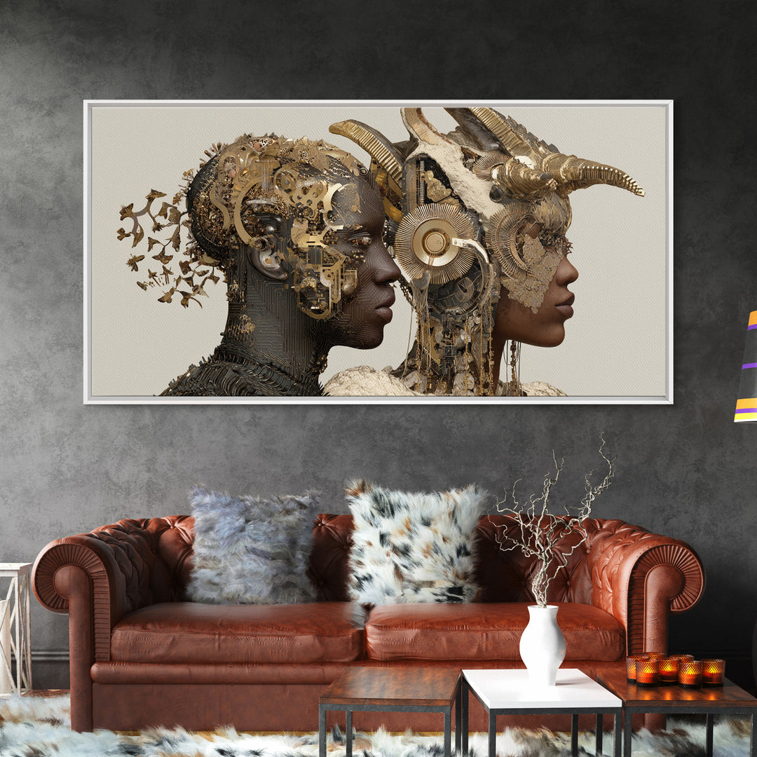 Afrofuturist Royal Couple With Horned Crowns Wall Art, African Goddess Portrait Canvas Print, Luxury Sci Fi Decor Gift Art