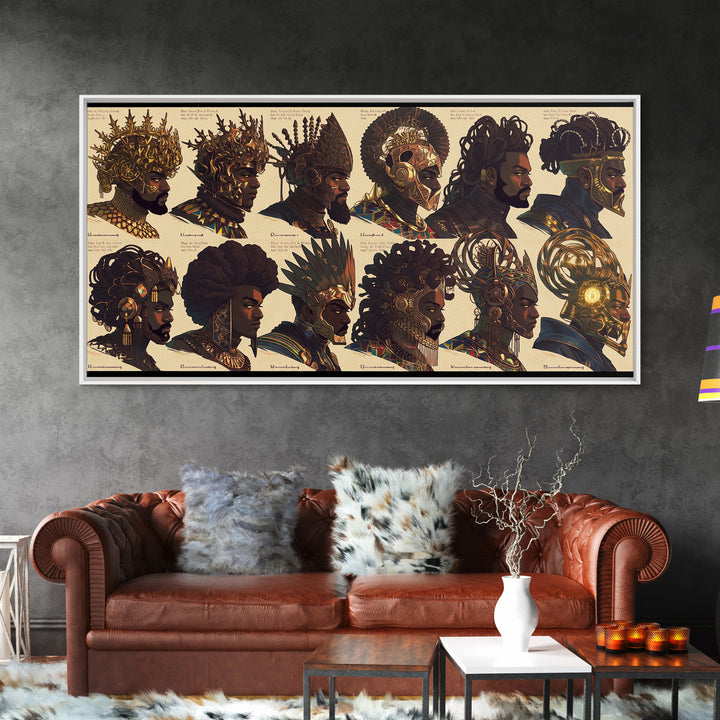 Ornate African Kings And Warriors Lineup Canvas Print, Royal Tribal Portrait Wall Art, Black Culture Decor Poster Gift Set