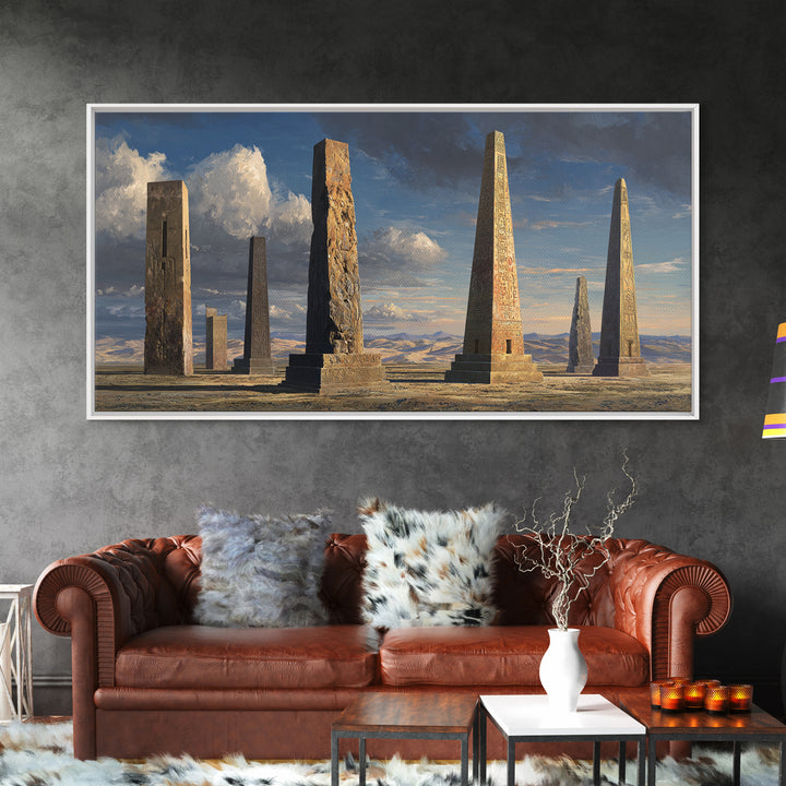 Ancient Carved Desert Obelisks Wall Art, African Egyptian Art Print, Monument Landscape, Earth Tone Home Decor Gift For Living Room