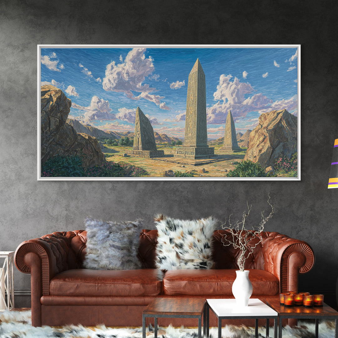 Mountain Valley Stone Obelisks Canvas Print, African Landscape Wall Decor, Ancient African Art, Nature Scene For Living Room