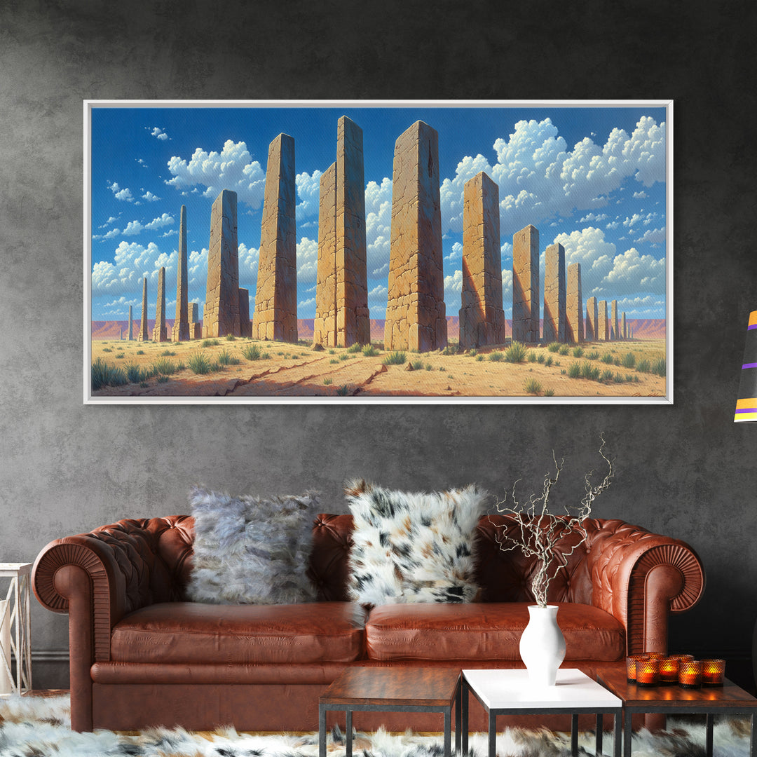 Sunlit Desert Pillars Wall Art, African Egyptian Art Print, Ancient Monument Canvas, Large Wall Decor For Office And Home