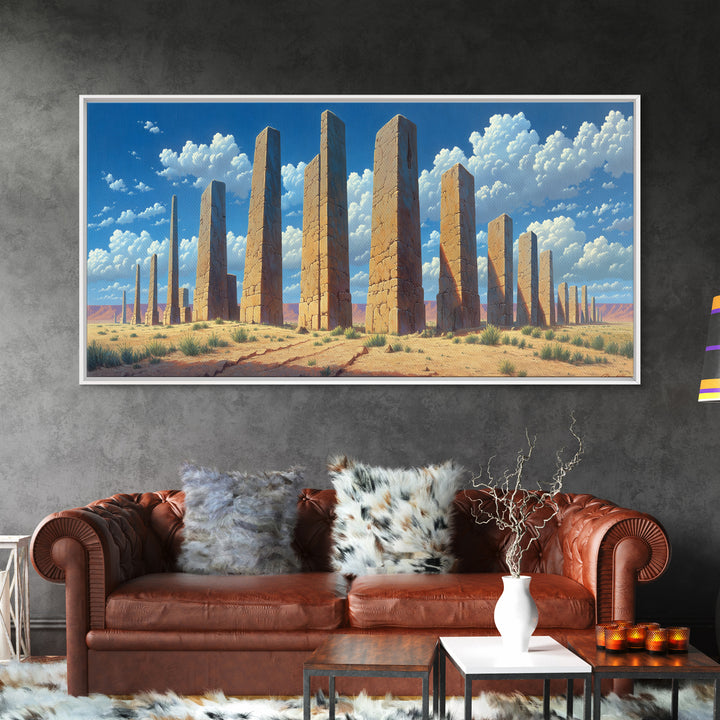 Sunlit Desert Pillars Wall Art, African Egyptian Art Print, Ancient Monument Canvas, Large Wall Decor For Office And Home