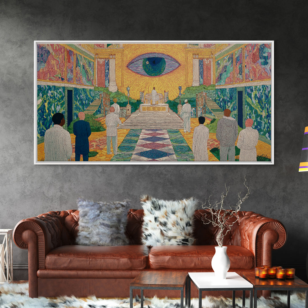 Mystic Eye Temple Ceremony Framed Canvas Print, African Abstract Wall Art, Spiritual Cultural Art Decor, Gallery Statement