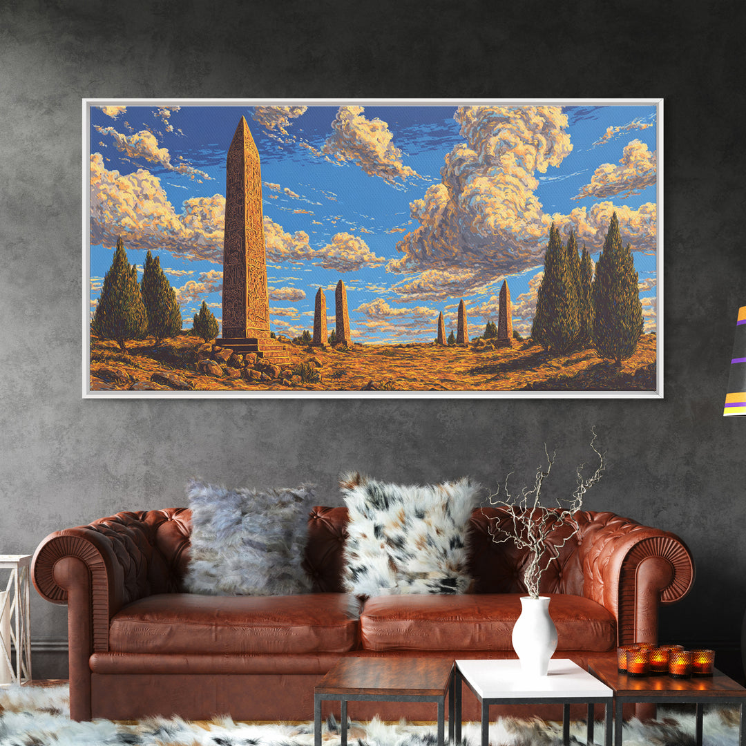 Golden Sky Obelisk Garden Wall Art, African Landscape Print, Ancient Monument Decor, Boho Earth Tone Living Room Artwork