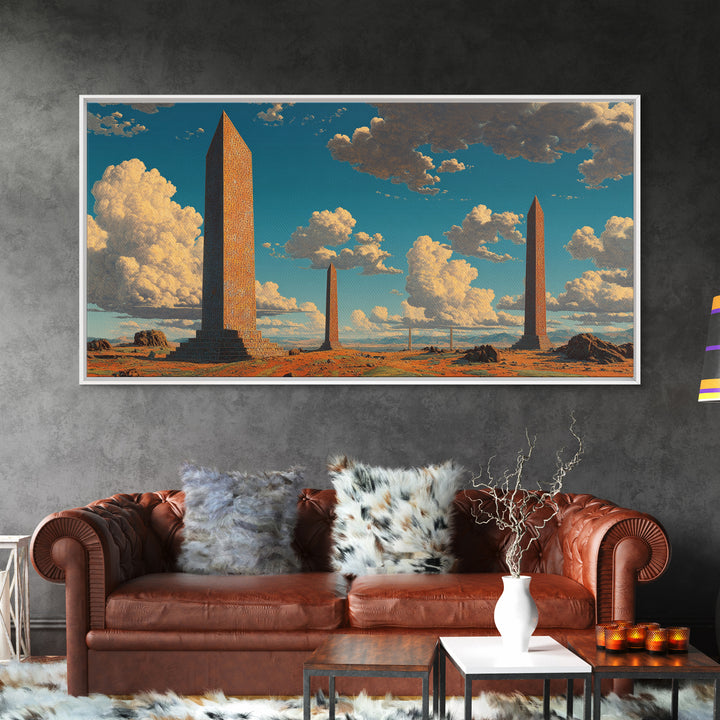 Weathered Desert Obelisks Framed Canvas Print, African Landscape Wall Art, Ancient Stone Monument Decor For Modern Home Gift