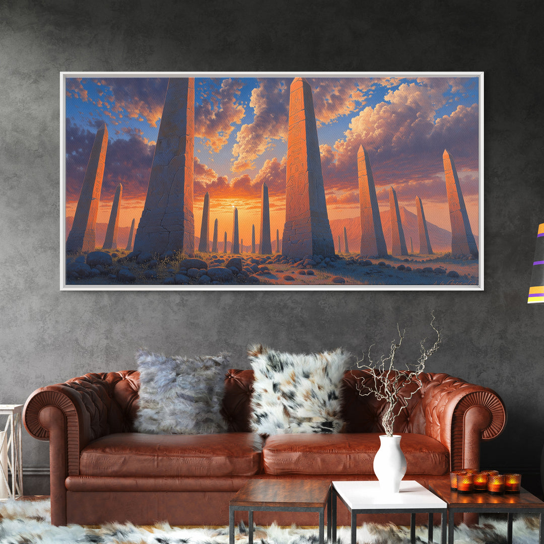 Sunset Obelisk Field Wall Art, African Egyptian Art Print, Ancient Desert Landscape, Warm Orange Statement Home Decor Gift