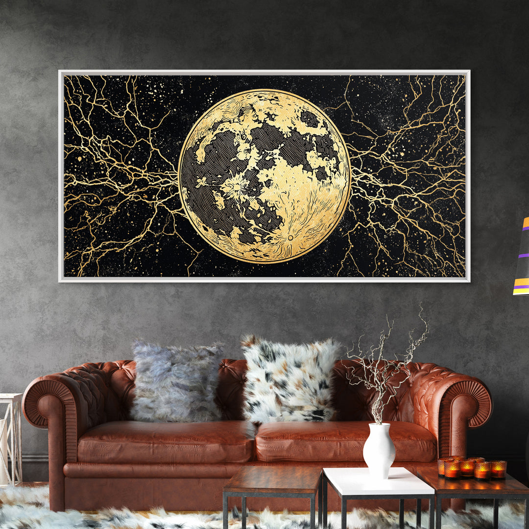 Golden Full Moon Wall Art, Black And Gold Celestial Canvas Print, Mystical Wall Decor, Abstract Night Sky Gift For Bedroom Home