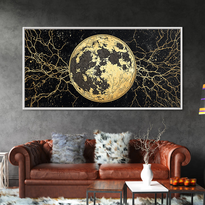 Golden Full Moon Wall Art, Black And Gold Celestial Canvas Print, Mystical Wall Decor, Abstract Night Sky Gift For Bedroom Home