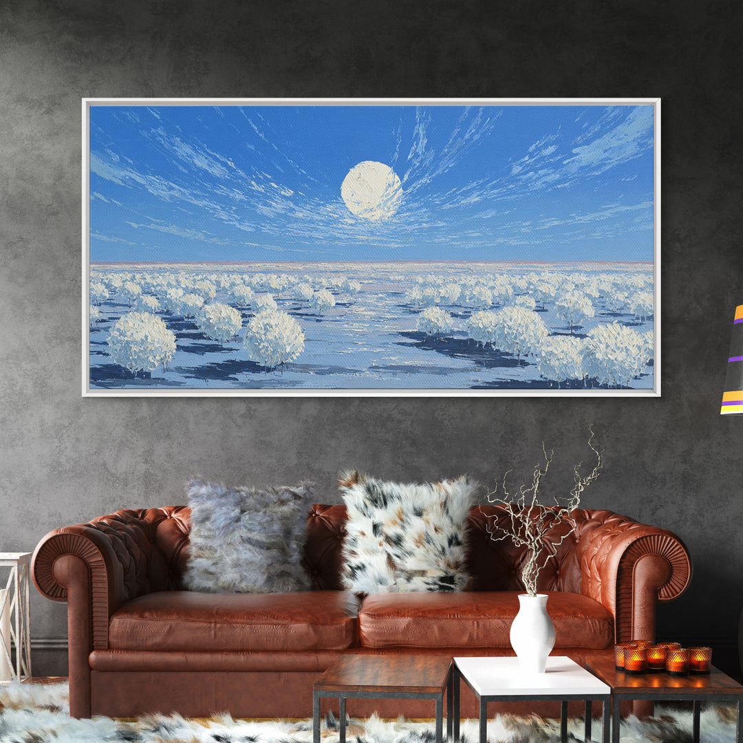 White Desert Bloom Field Canvas Print, African Landscape Wall Art, Dreamy Nature Scene, Blue Minimalist Home Decor Gift For Her