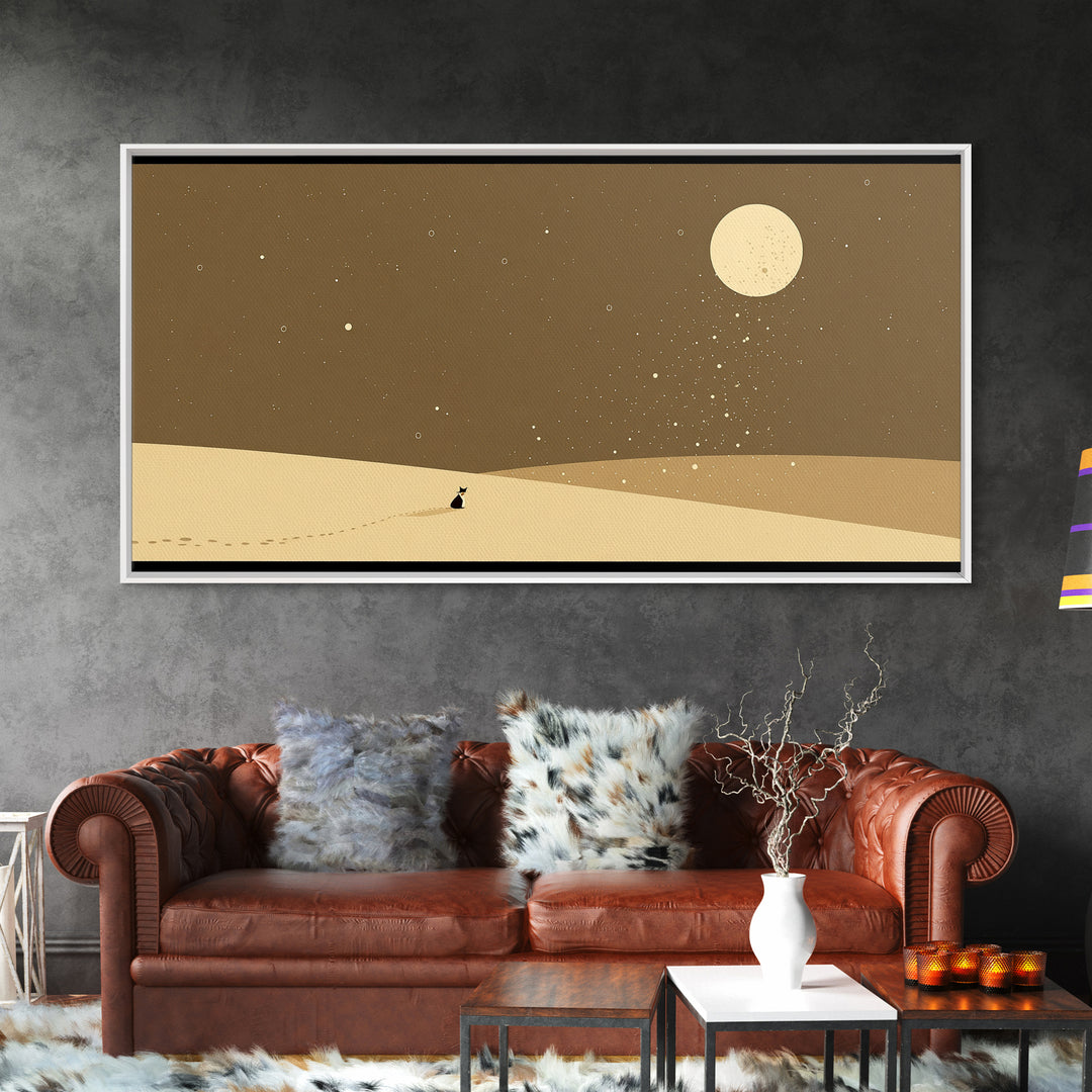 Lone Traveler In Moonlit Sahara Dunes Wall Art, Minimalist African Landscape, Desert Night Canvas, Earth Tone Boho Home Decor