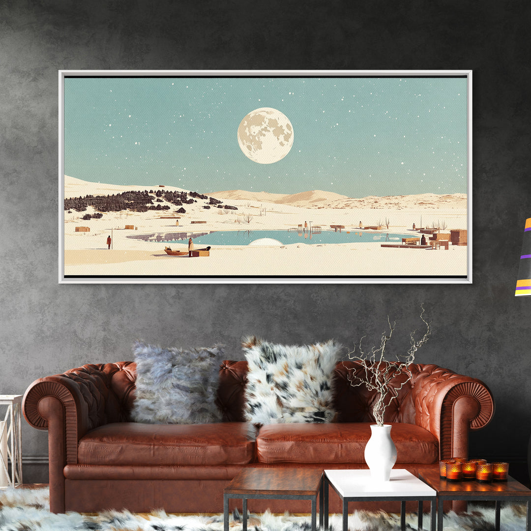 Moonlit Lake Village With Boats Canvas Print, African Landscape Wall Decor, Serene Travel Poster, Blue Bedroom Art Home Decor