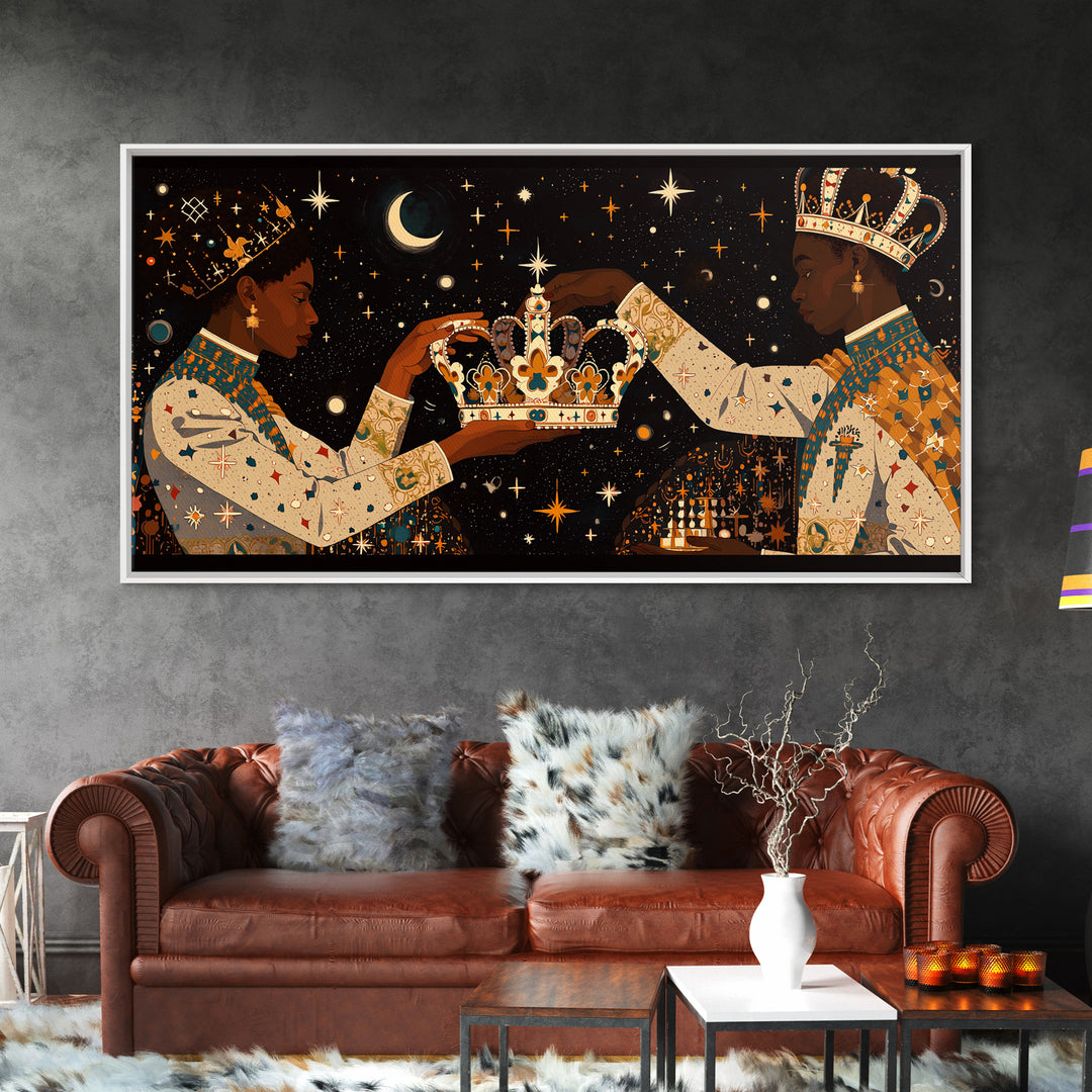 Celestial Black King And Queen Crowning Framed Canvas Print, African American Art, Royal Afrocentric Cultural Wall Decor