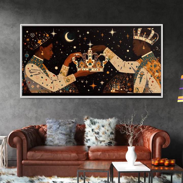 Celestial Black King And Queen Crowning Framed Canvas Print, African American Art, Royal Afrocentric Cultural Wall Decor