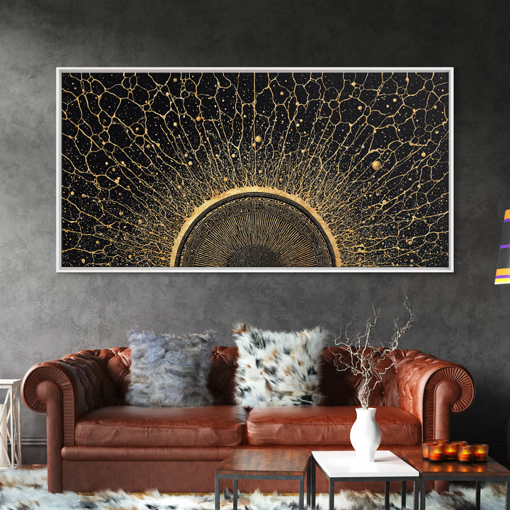 Golden Cosmic Sun Network Abstract Wall Art, Geometric African Inspired Decor, Black And Gold Modern Living Room Canvas Print