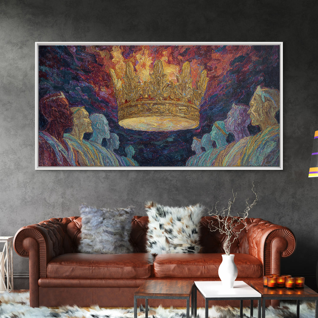 Fiery Floating Crown And Robed Figures Wall Art, African Royalty Painting, Black History Decor, Textured Canvas Print Gift