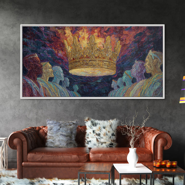 Fiery Floating Crown And Robed Figures Wall Art, African Royalty Painting, Black History Decor, Textured Canvas Print Gift