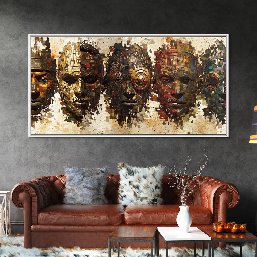 Mosaic African Masks With Metallic Texture Framed Canvas Print, Tribal Wall Decor, Cultural Afrocentric Statement Art Gift