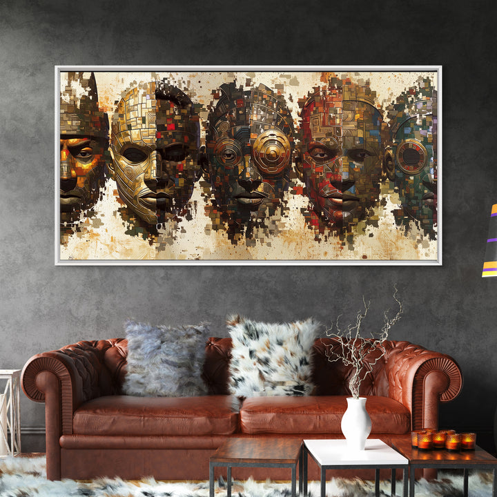 Mosaic African Masks With Metallic Texture Framed Canvas Print, Tribal Wall Decor, Cultural Afrocentric Statement Art Gift