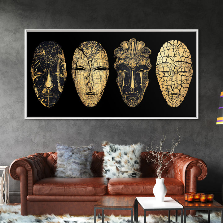 Black And Gold Cracked African Masks Wall Art, Minimalist Tribal Mask Print, Luxe Afrocentric Decor For Modern Home Interior
