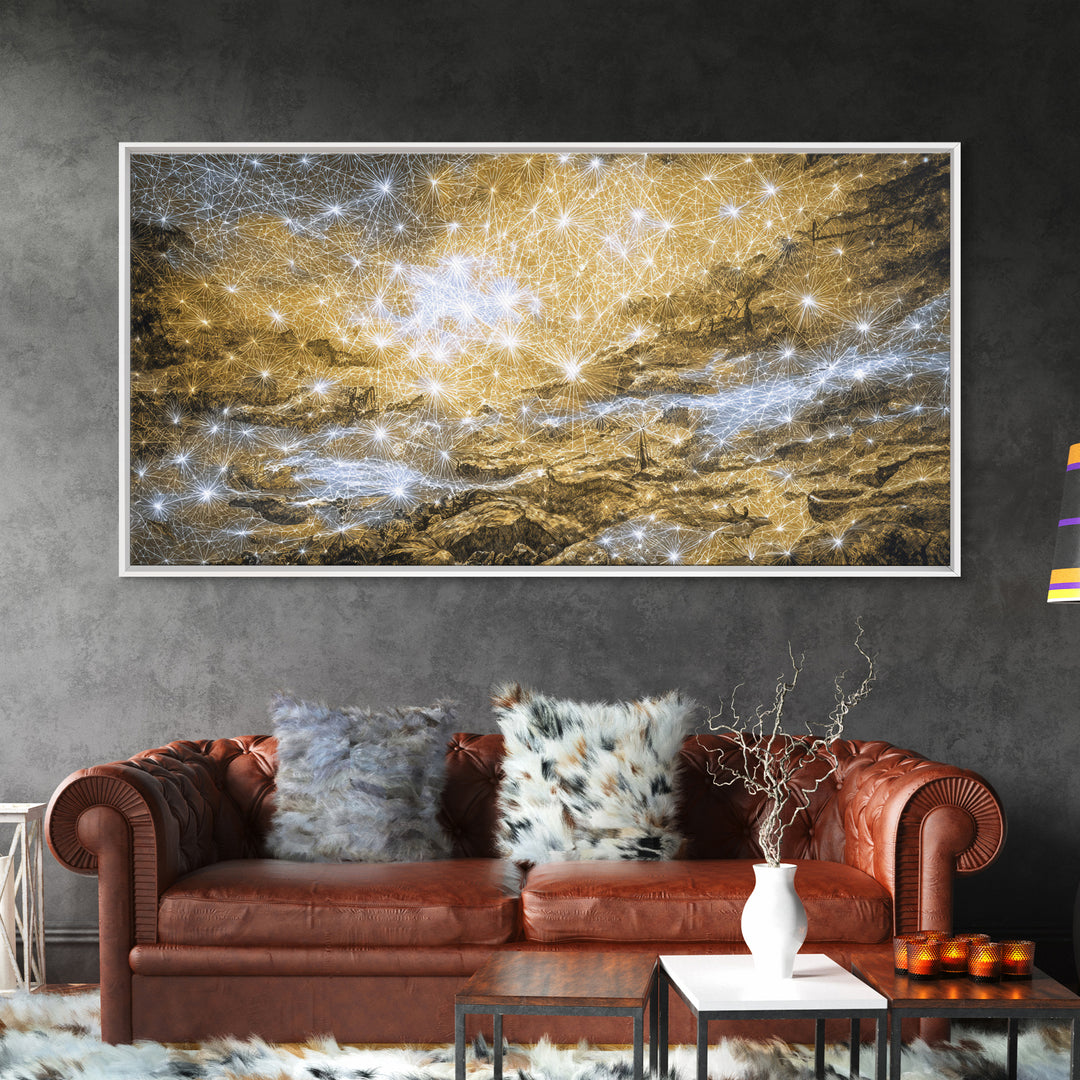 Golden Cosmic River Abstract Wall Art, Textured Modern Canvas Decor, Luxury Blue Gold Landscape For Living Room Statement Piece