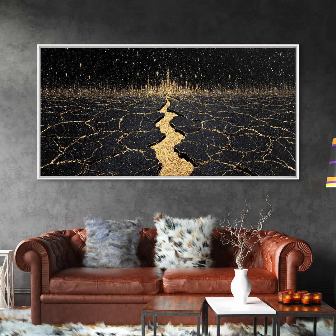 Black Gold Cracked Earth Pathway Canvas Print, Abstract Landscape Wall Decor, Dramatic Modern Art For Office Home Decor Gift