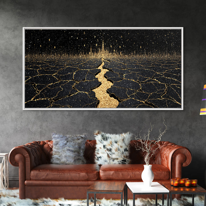 Black Gold Cracked Earth Pathway Canvas Print, Abstract Landscape Wall Decor, Dramatic Modern Art For Office Home Decor Gift