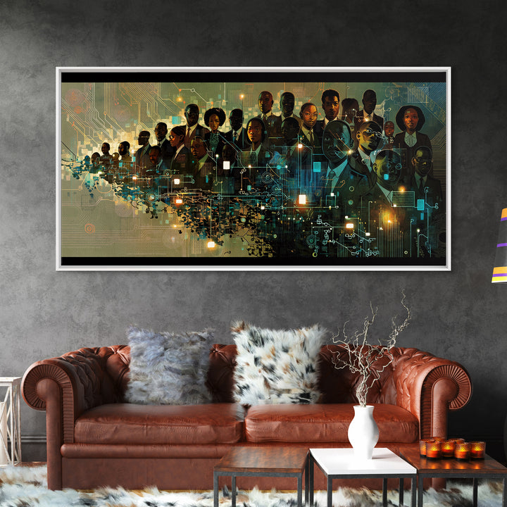 Afrofuturist Black Leaders In Digital City Wall Art, African American Tech Portrait, Futuristic Office Decor Print Canvas Gift