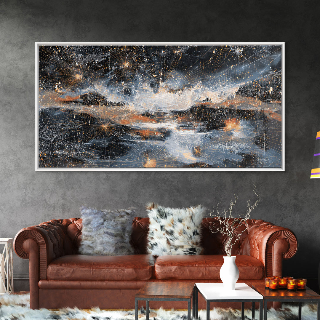 Starry Silver Mountain Sky Abstract Canvas Print, Dreamy Wall Art Decor, Modern Nature Landscape For Bedroom Office Gift