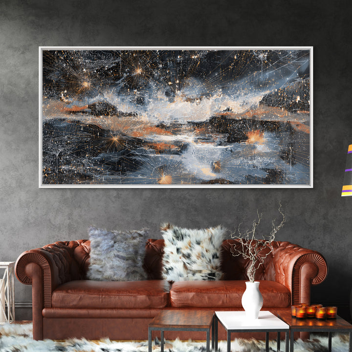 Starry Silver Mountain Sky Abstract Canvas Print, Dreamy Wall Art Decor, Modern Nature Landscape For Bedroom Office Gift