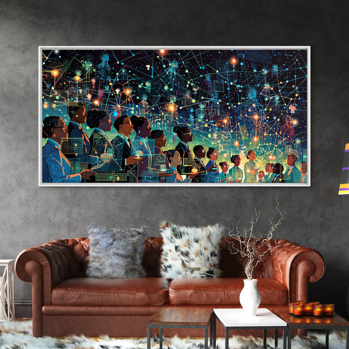 Diverse Professionals Under Neon Network Wall Art, Futuristic Digital City Print, Modern Office Decor For Tech Lovers Gift