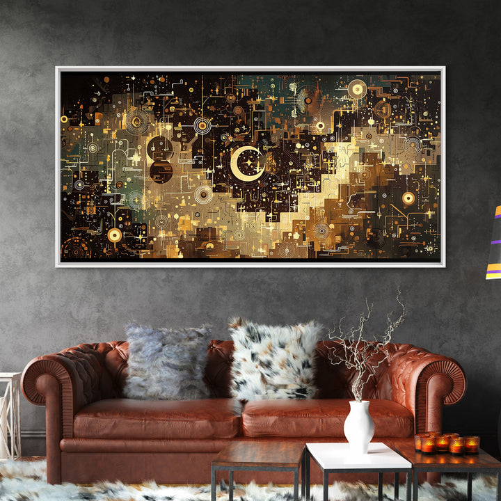Gold Crescent Abstract Circuit City Wall Art, Black Gold Canvas Decor, Modern Islamic Inspired Geometric Home Decor Statement Piece
