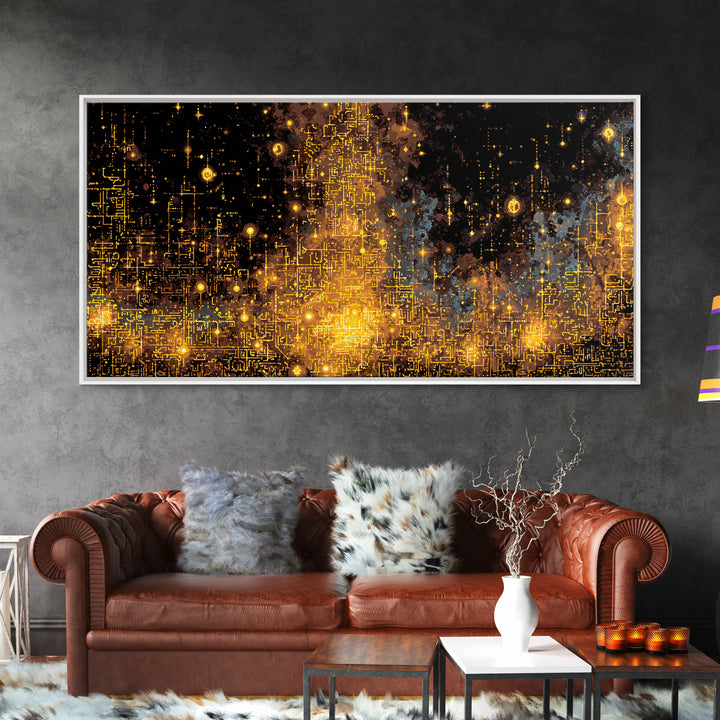 Golden Futuristic Skyline Canvas Print, Abstract City Lights Wall Decor, Luxury Black Gold Modern Home Decor Statement Piece