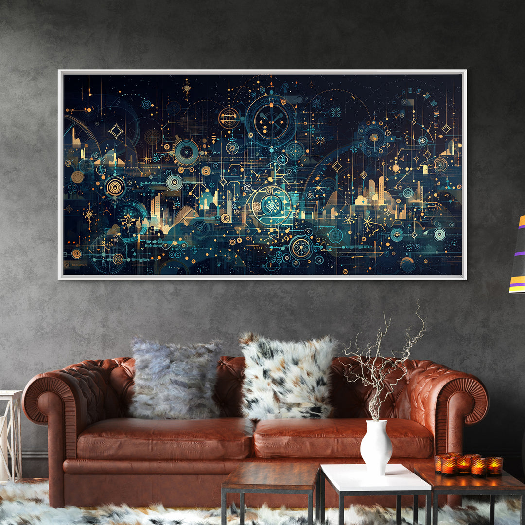 Teal Celestial Blueprint Wall Art, Abstract Science Diagram Canvas Decor, Modern Geometric Office Decor Unique Gift For Him