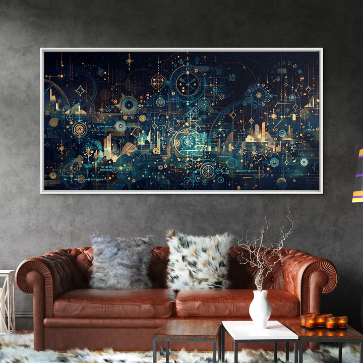 Teal Celestial Blueprint Wall Art, Abstract Science Diagram Canvas Decor, Modern Geometric Office Decor Unique Gift For Him