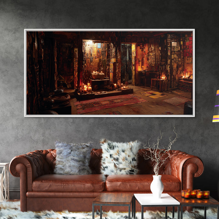 Candlelit Bohemian Shrine Interior Wall Art, Mystic Meditation Room Decor, Warm Earth Tone Canvas Print For Home Unique Gift