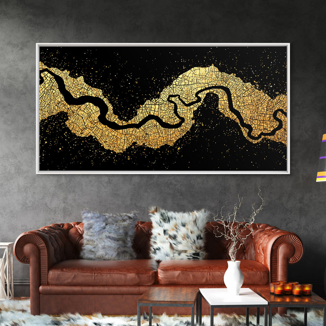 Black And Gold River Map Wall Art, Abstract Earth Tone Landscape Canvas Decor, Modern Minimalist Statement Piece For Home Decor