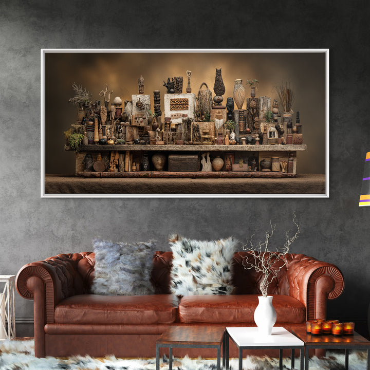 African Tribal Artifact Shelf Wall Art, Rustic Sculpture Still Life Canvas Decor, Ethnic Cultural Home Decor Statement Piece