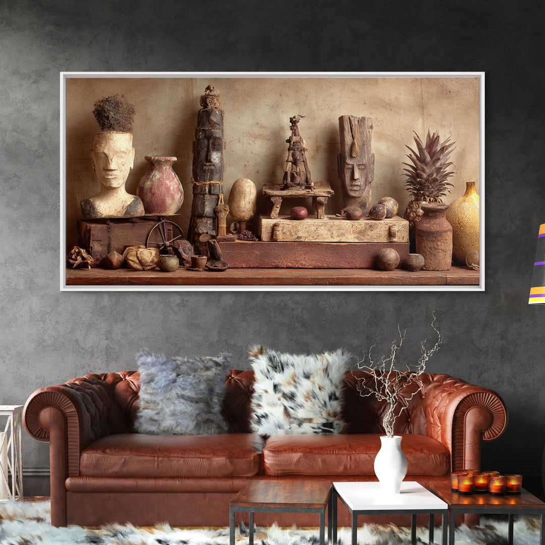 Ancient African Artifact Still Life Wall Art, Earth Tone Tribal Decor, Cultural Home Decor, Textured Boho Canvas Print Gift