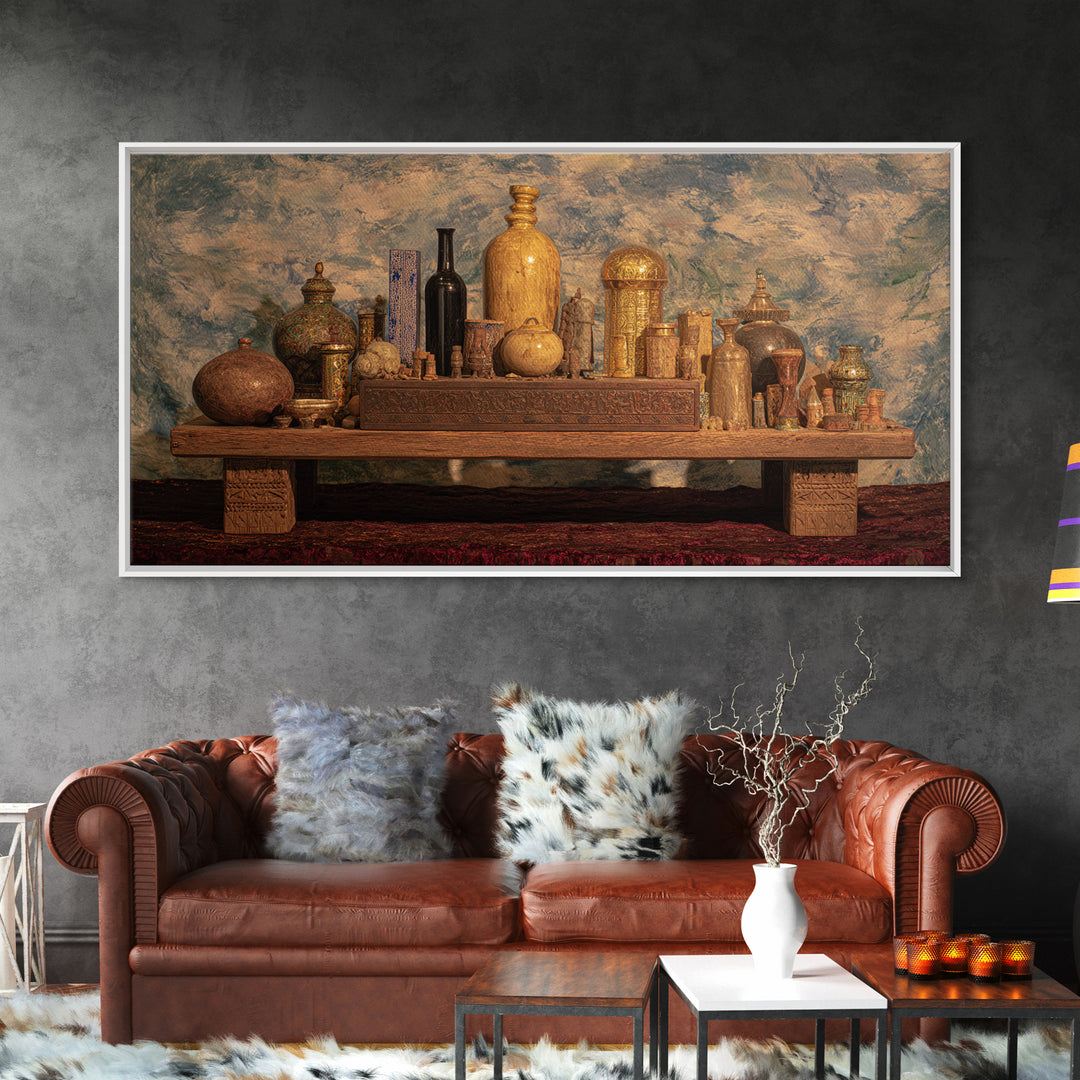 Ornate African Treasure Table Wall Art, Gold Vessel Still Life, Ethnic Home Decor, Luxury Canvas Print For Living Room