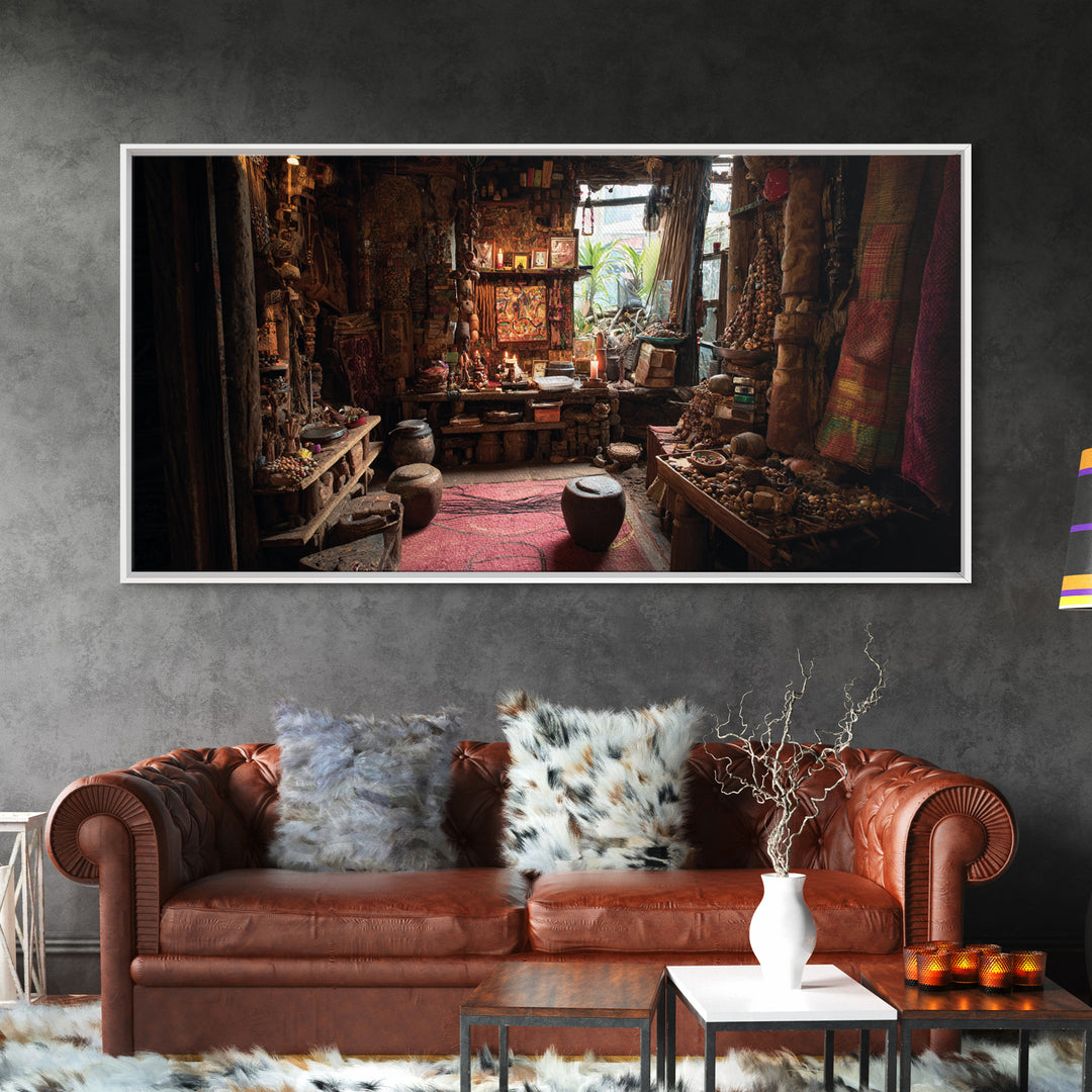 Moody African Market Interior Wall Art, Tribal Objects And Textiles, Cultural Home Decor, Boho Canvas Print For Living Room