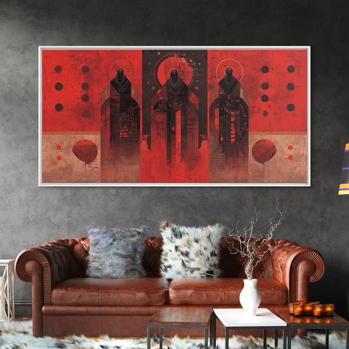 Three Ancestral Figures In Red Wall Art, Abstract African Tribal Art, Spiritual Black Culture Canvas Print, Bold Decor Gift