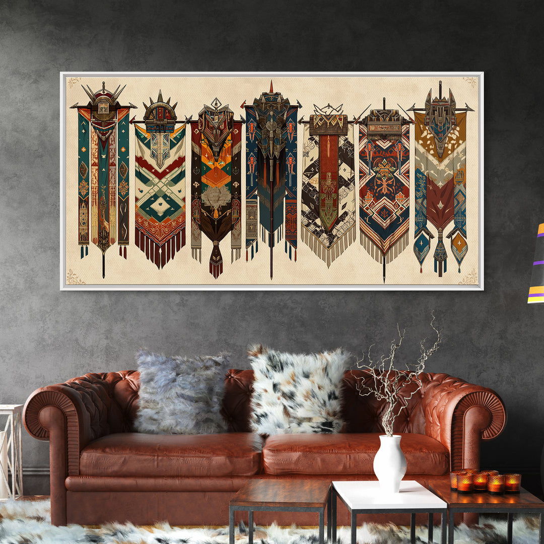 Seven Ornate African Tribal Banners Wall Art, Ankara Pattern Textile Art, Cultural Home Decor, Framed Canvas Print Gift For Her