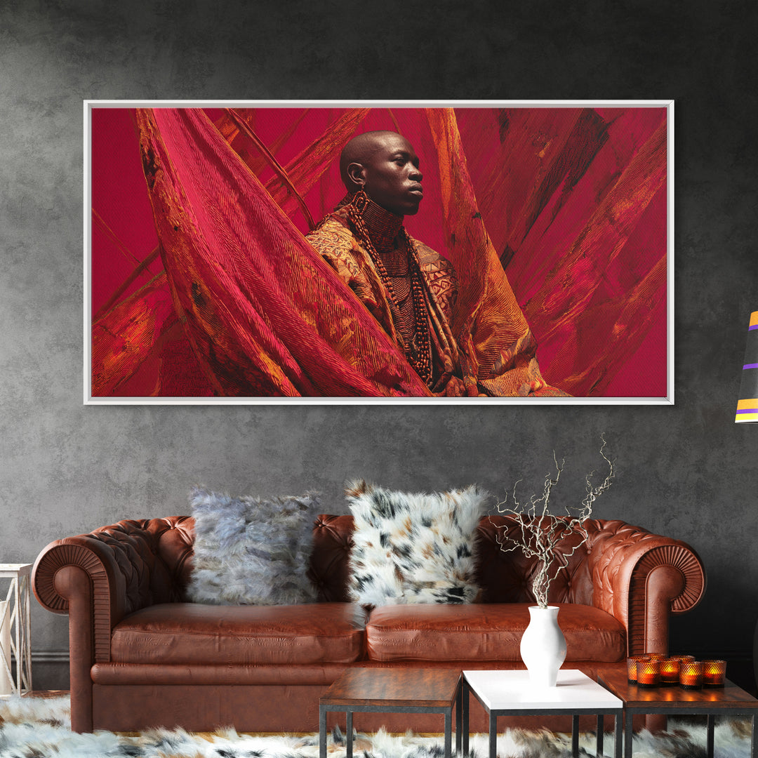 Regal African Man In Red Fabric Wall Art, Contemporary Portrait, Afrocentric Fashion Canvas Print, Bold Home Decor Gift For Him