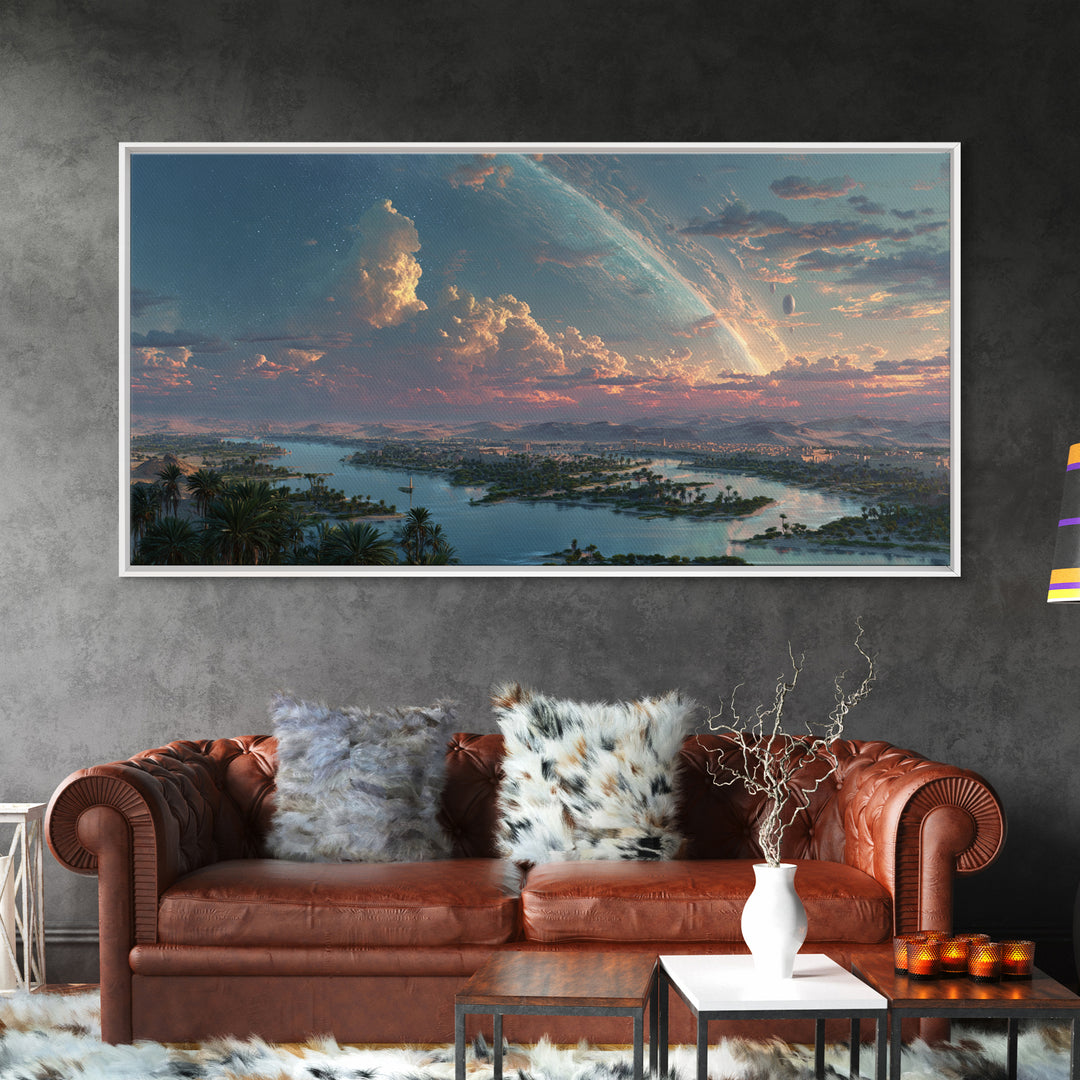Epic African River Valley At Sunrise Wall Art, Afrofuturism Landscape, Dreamy Nature Scene Canvas Print, Large Decor Gift