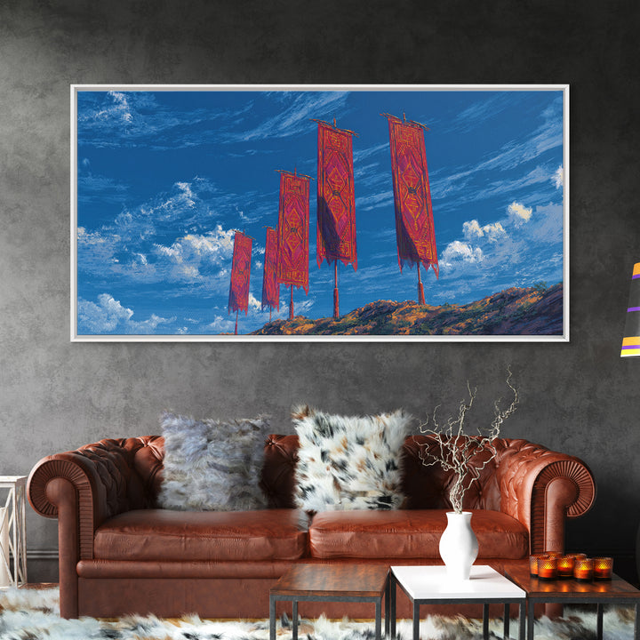 Red African Textile Banners On Blue Sky Wall Art, Cultural Landscape, Vibrant Ankara Decor, Framed Canvas Print Gift For Home