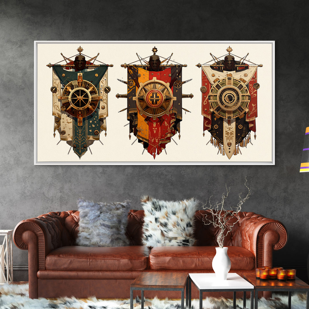 Three Ornate African Shield Banners Wall Art, Tribal Mask Canvas Print, Geometric Cultural Decor, Statement Wall Piece Gift